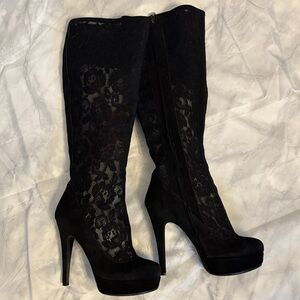 Black Lace Knee-High Stiletto Boots